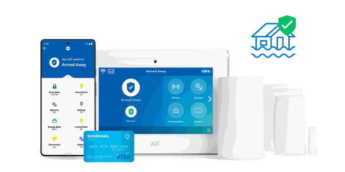 Secure package — ADT Command Panel and app, flood sensor, entryway sensors, and $100 SafeStreets Visa Gift Card